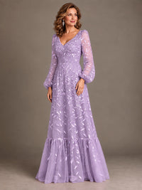 Floral Sequin Embroidered A-Line Mother of the Bride Dress with Long Sleeves