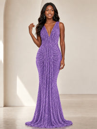 Sequin Mermaid Prom Dress with V-Neck and Ruched Waist