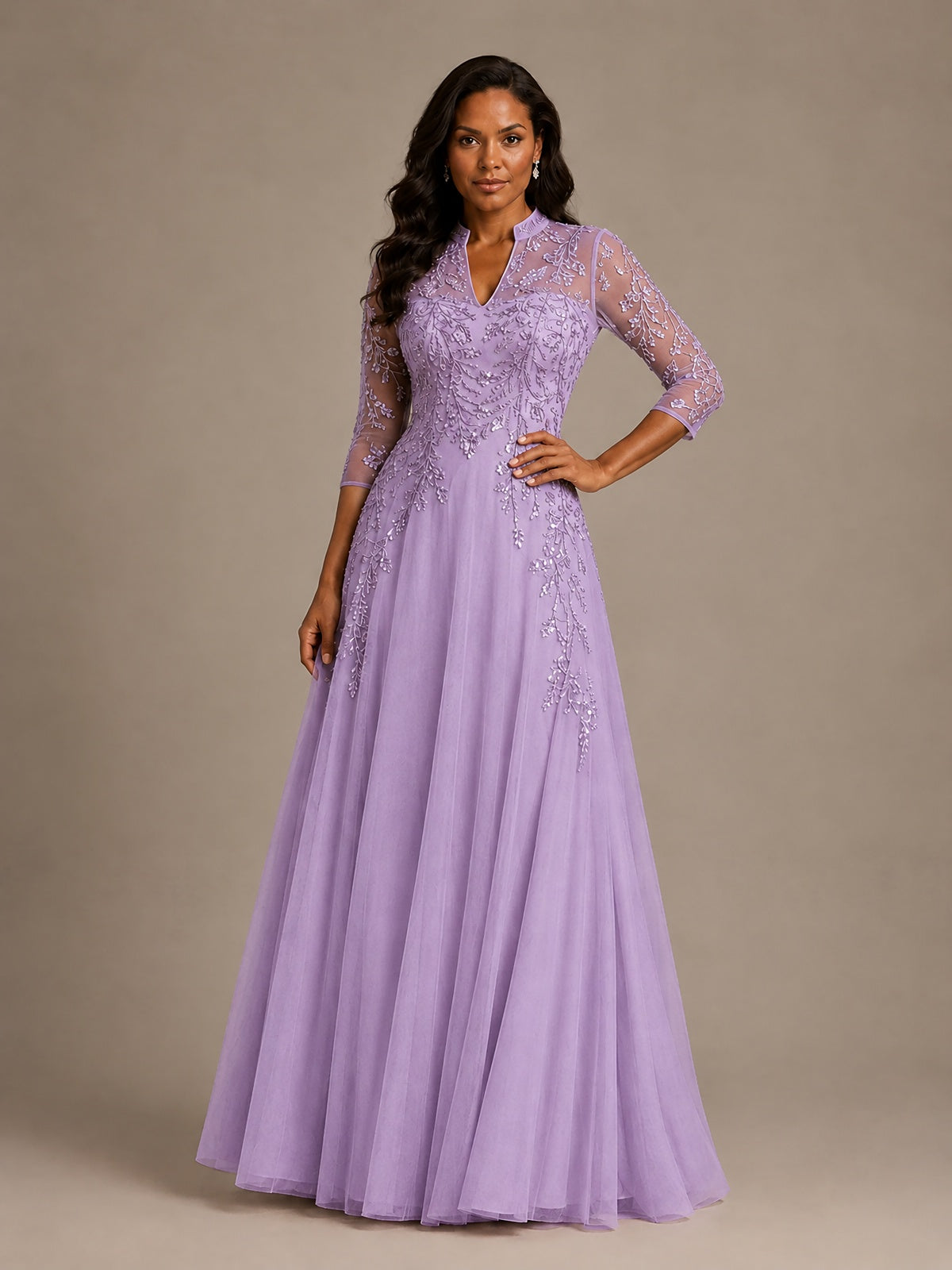 Embellished Appliques Mother of the Bride Dress with 3/4 Sleeves