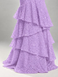 Halter Tiered Mermaid Prom Dress with Sparkly Lace