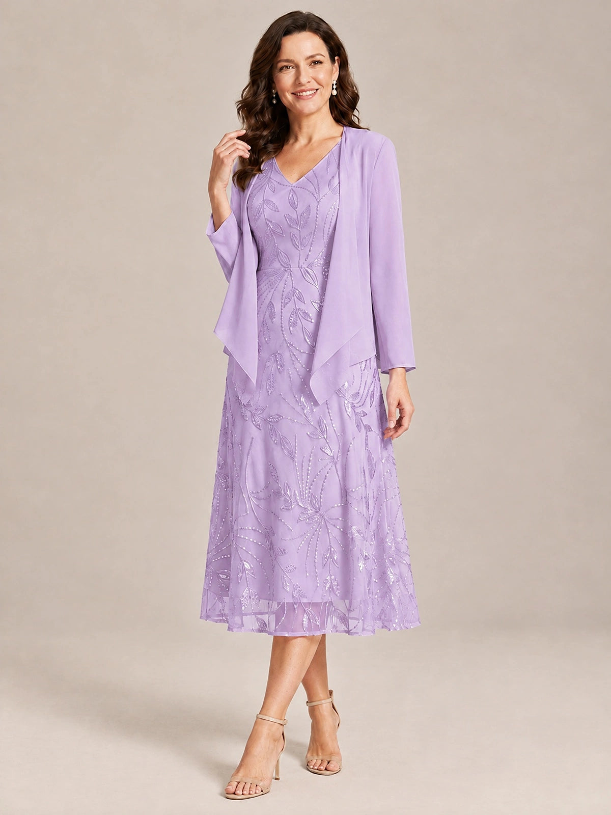 Tea Length Sequin Lace Mother of the Bride Dress with Chiffon Jacket