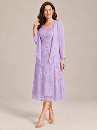 Tea Length Sequin Lace Mother of the Bride Dress with Chiffon Jacket