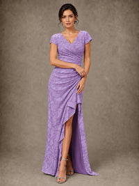 V-Neck Floral Jacquard Mother of the Bride Dress with Slit