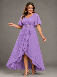 Jacquard Chiffon A-Line V-Neck High-Low Mother of the Bride Dress