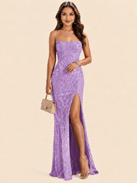 Sequin Lace Appliques Mermaid Prom Dress Spaghetti Strap Formal Gowns with Slit