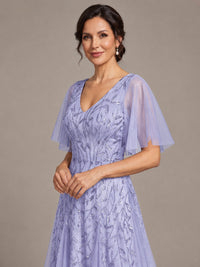 V-Neck Sequin Tulle Mother of the Bride Dress with Flutter Sleeve