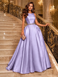 Satin A-Line Prom Dress Sleeveless Beaded Waist Formal Gown with Pockets