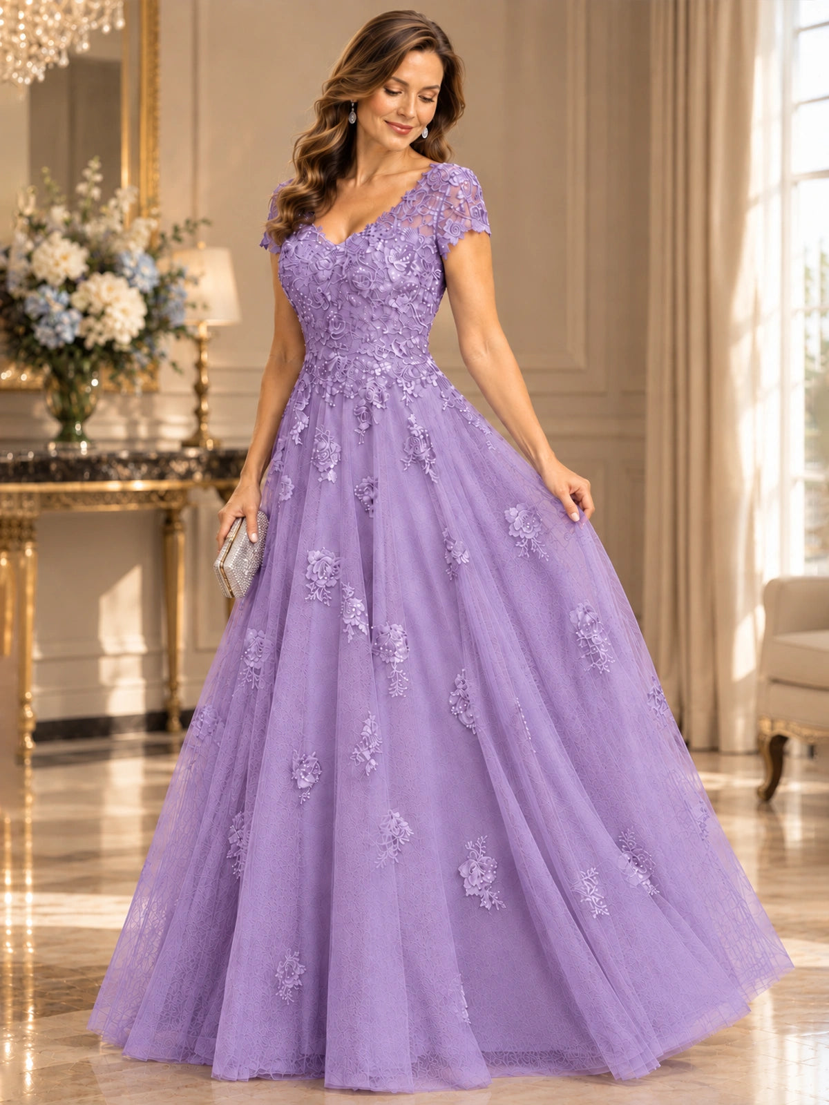 Lace Appliques A-line Mother of The Bride Dresses with Short Sleeves