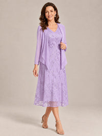 Tea Length Sequin Lace Mother of the Bride Dress with Chiffon Jacket
