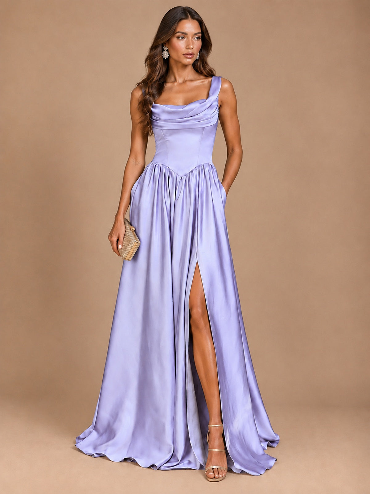 Cowl Neck Pleated Satin Prom Dress with Pockets & Slit Maxi Formal Gowns