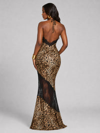 Leopard Print Lace-Trim Halter Mermaid Prom Dress