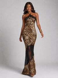 Leopard Print Lace-Trim Halter Mermaid Prom Dress