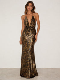 Leopard Print Satin Cowl Neck Halter Backless Maxi Dress