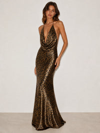 Leopard Print Satin Cowl Neck Halter Backless Maxi Dress
