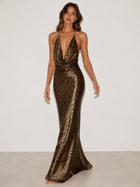 Leopard Print Satin Cowl Neck Halter Backless Maxi Dress