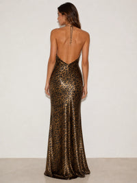 Leopard Print Satin Cowl Neck Halter Backless Maxi Dress