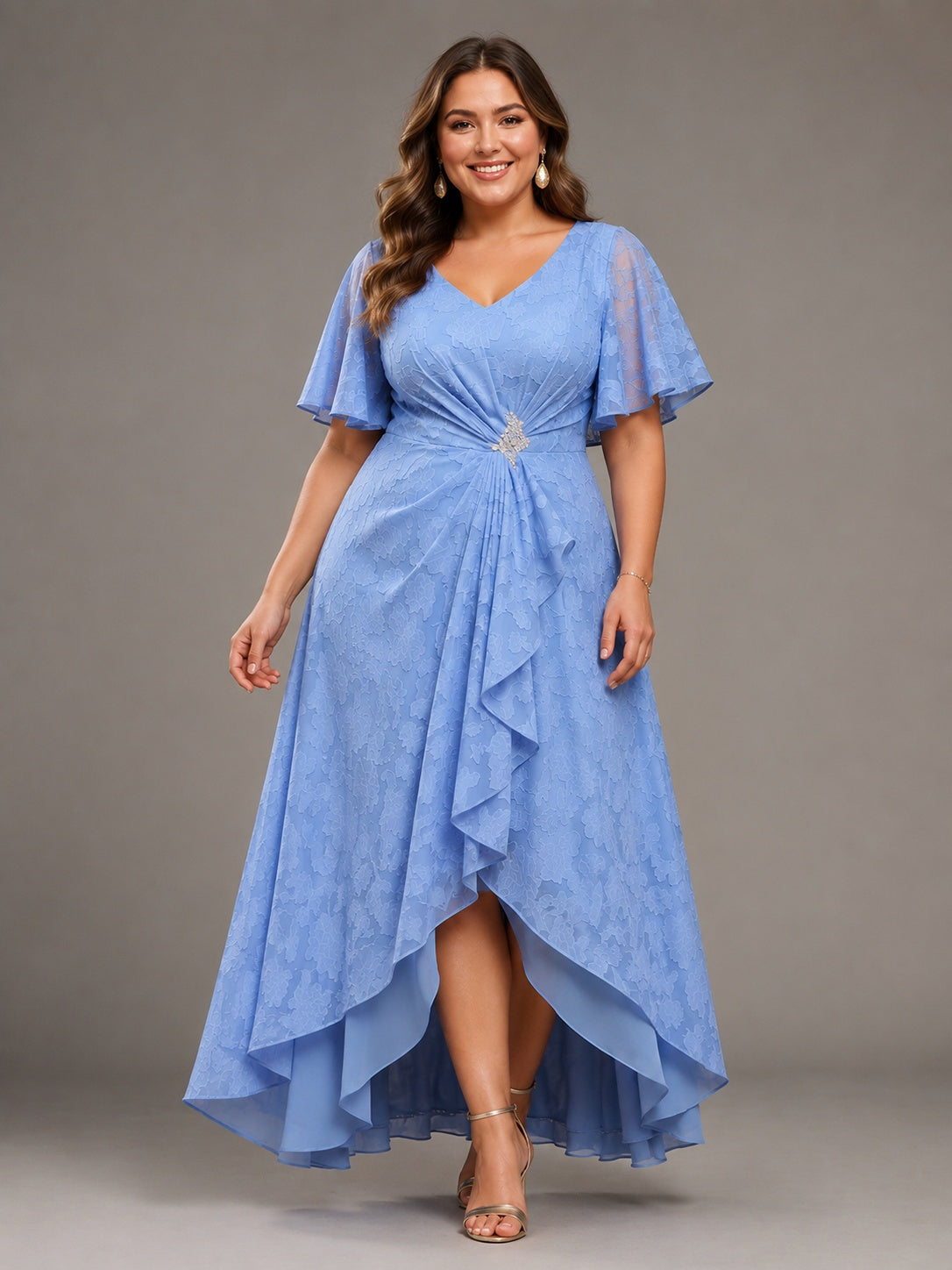 Light blue A-line V-neck high-low lace mother of the bride dress