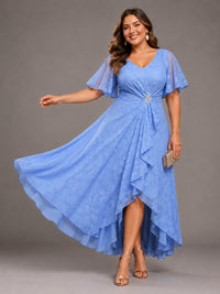 Light Blue A-Line V-Neck High-Low Lace Mother of the Bride Dress