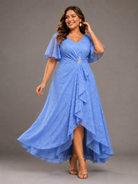 Light Blue A-Line V-Neck High-Low Lace Mother of the Bride Dress