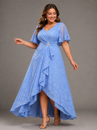 Light Blue A-Line V-Neck High-Low Lace Mother of the Bride Dress