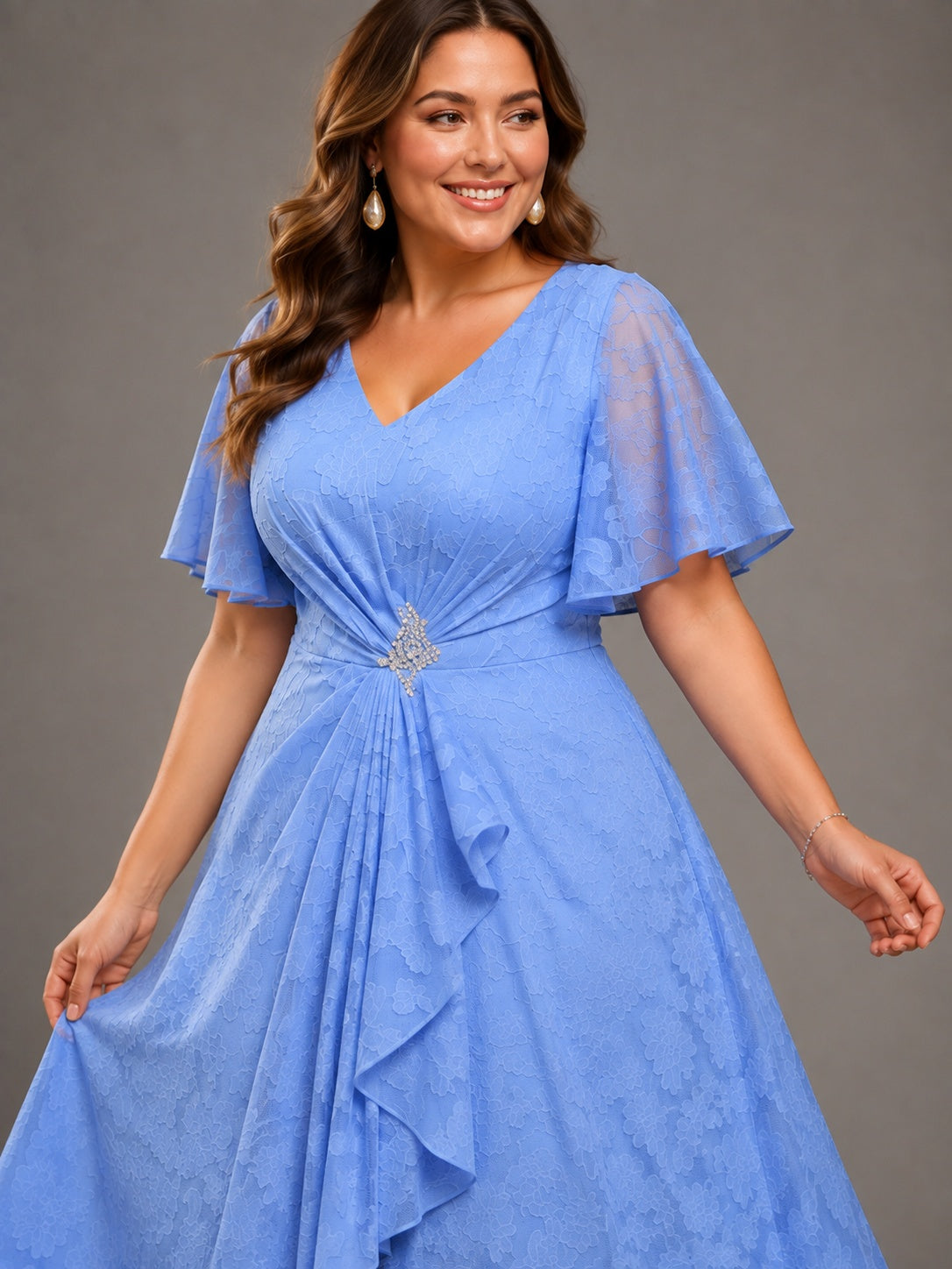 Light blue high-low lace mother of the bride dress with flutter sleeves