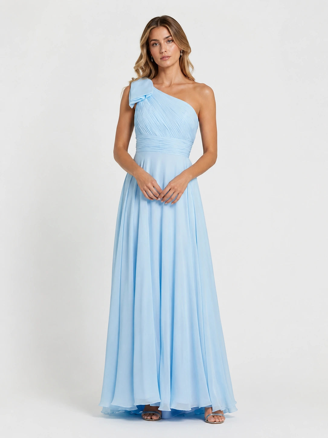 Light Blue Chiffon One Shoulder Bridesmaid Dress with Pleated Bow