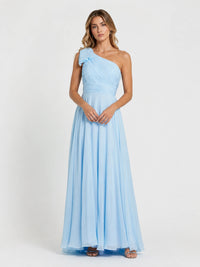 Light Blue Chiffon One Shoulder Bridesmaid Dress with Pleated Bow