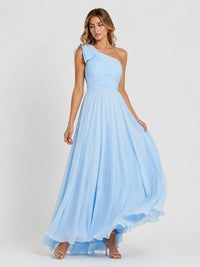 Light Blue Chiffon One Shoulder Bridesmaid Dress with Pleated Bow