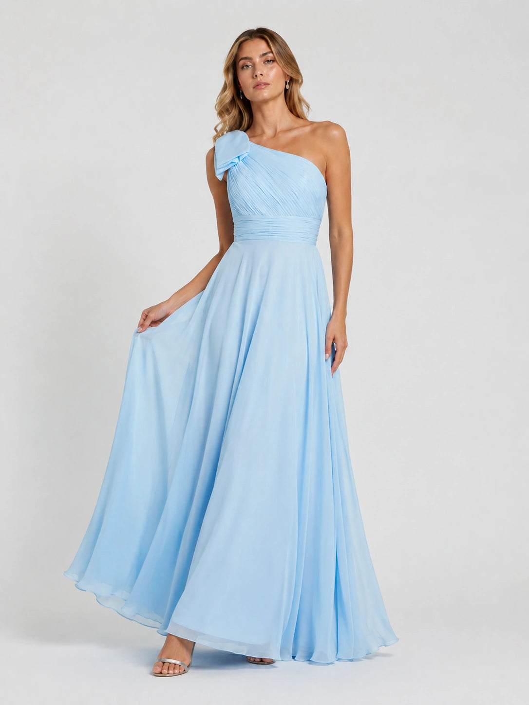 Light Blue Chiffon One Shoulder Bridesmaid Dress with Pleated Bow