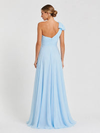 Light Blue Chiffon One Shoulder Bridesmaid Dress with Pleated Bow