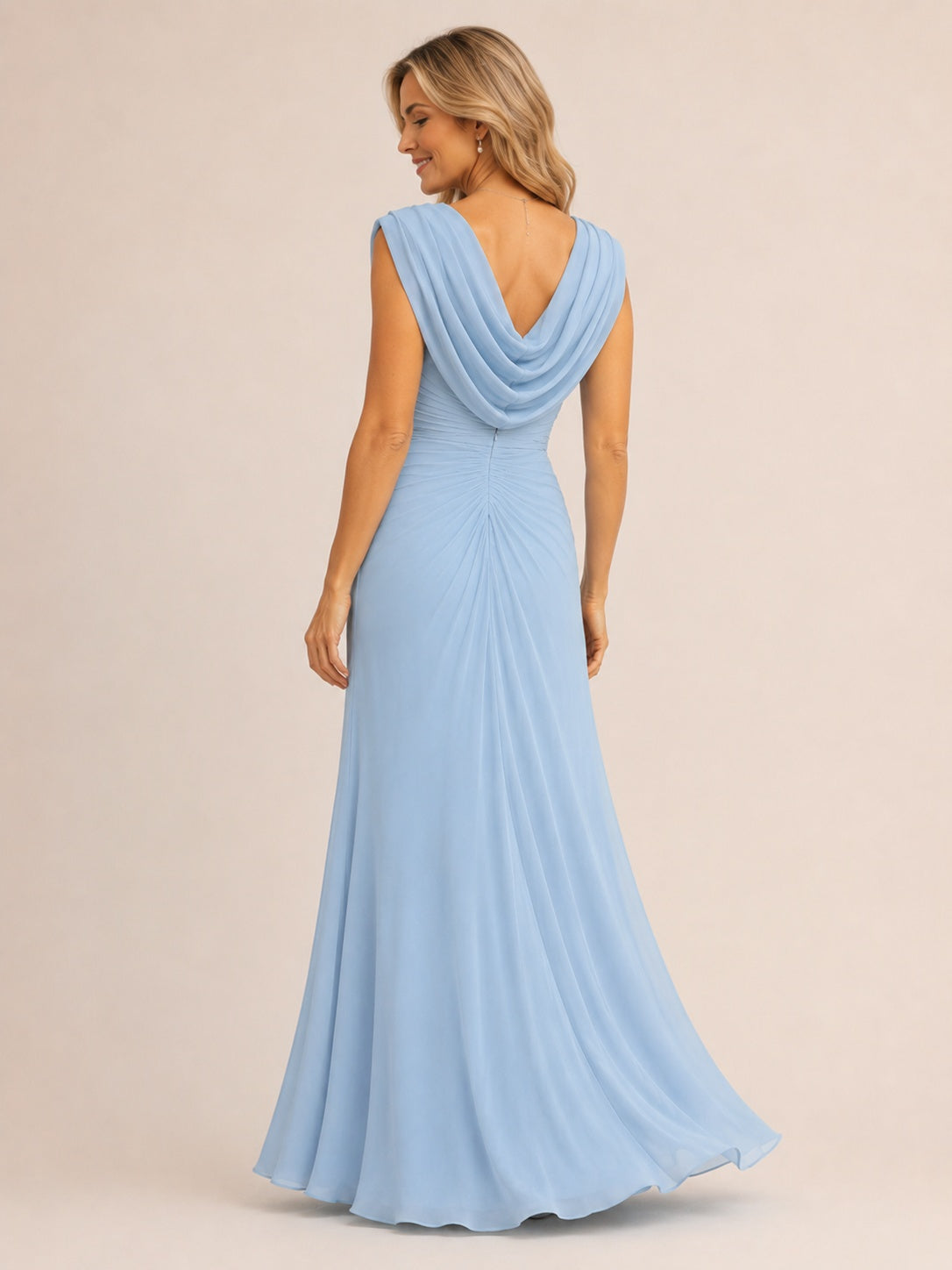 Light blue chiffon mother of the bride dress with ruched waist