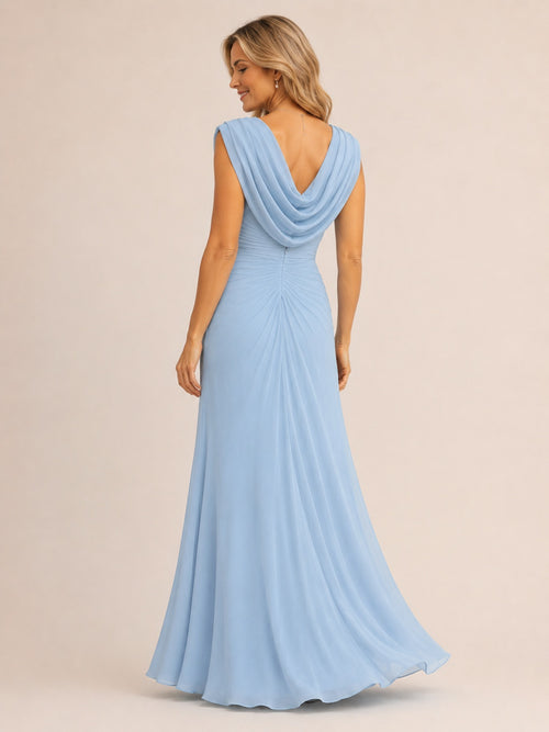 Light blue chiffon mother of the bride dress with ruched waist