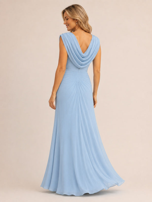 Light blue chiffon mother of the bride dress with ruched waist