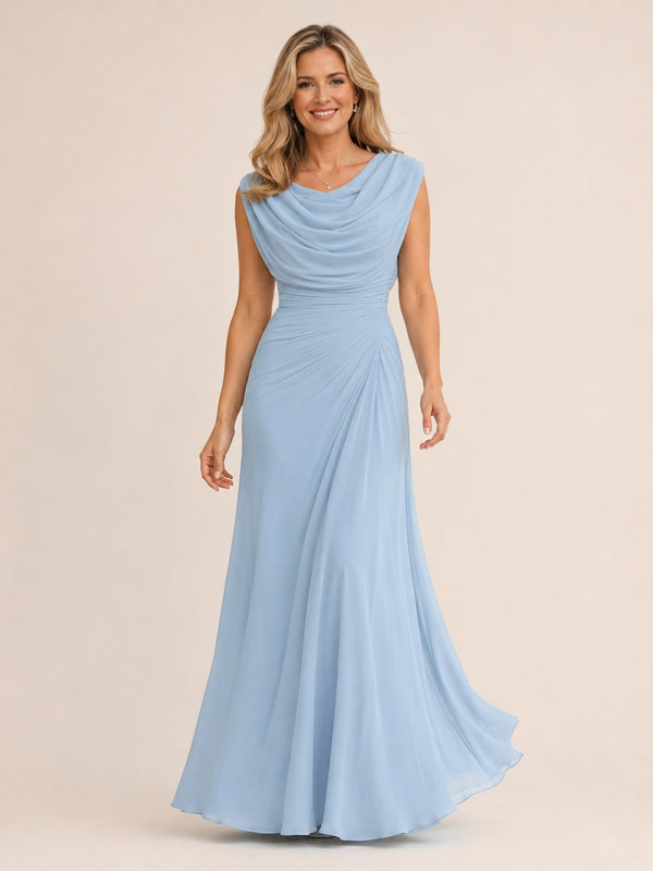 Light blue cowl neck ruched chiffon mother of the bride dress