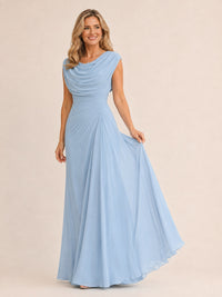 Light Blue Cowl Neck Ruched Chiffon Mother of the Bride Dress