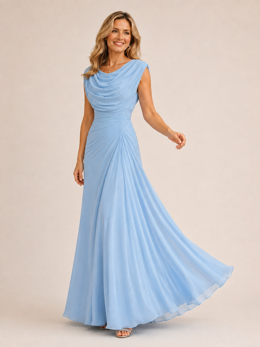 Light Blue Cowl Neck Ruched Chiffon Mother of the Bride Dress