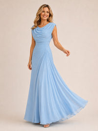 Light Blue Cowl Neck Ruched Chiffon Mother of the Bride Dress