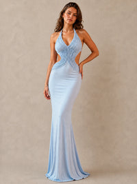 Light Blue Pleated Halter Cut-Out Chiffon Maxi Dress