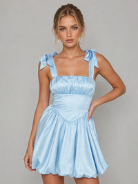 Light Blue Satin Bow Strap Homecoming Mini Dress