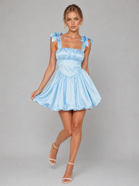 Light Blue Satin Bow Strap Homecoming Mini Dress