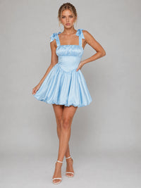 Light Blue Satin Bow Strap Homecoming Mini Dress