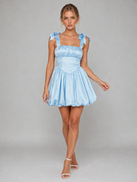 Light Blue Satin Bow Strap Homecoming Mini Dress