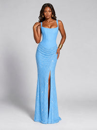 Sequin Corset Mermaid Prom Dress with Square Neck Wide Strap High Slit