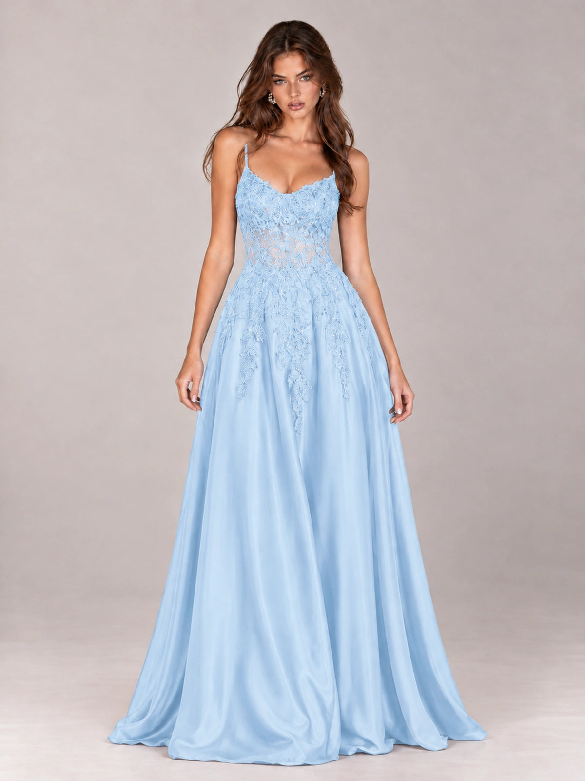 Lace Applique Satin A-Line Prom Dress with Sheer Bodice