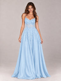 Lace Applique Satin A-Line Prom Dress with Sheer Bodice
