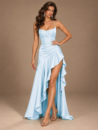 Burgundy Spaghetti Strap Ruched Prom Dress with Ruffled High Slit