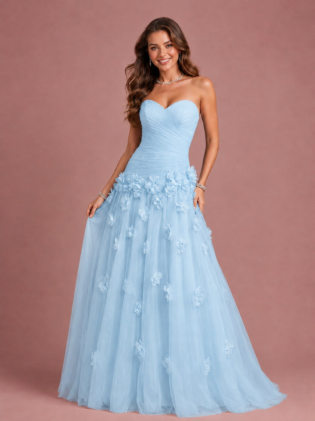 Blush Pink Strapless Sweetheart 3D Floral Tulle Ball Gown Prom Dres