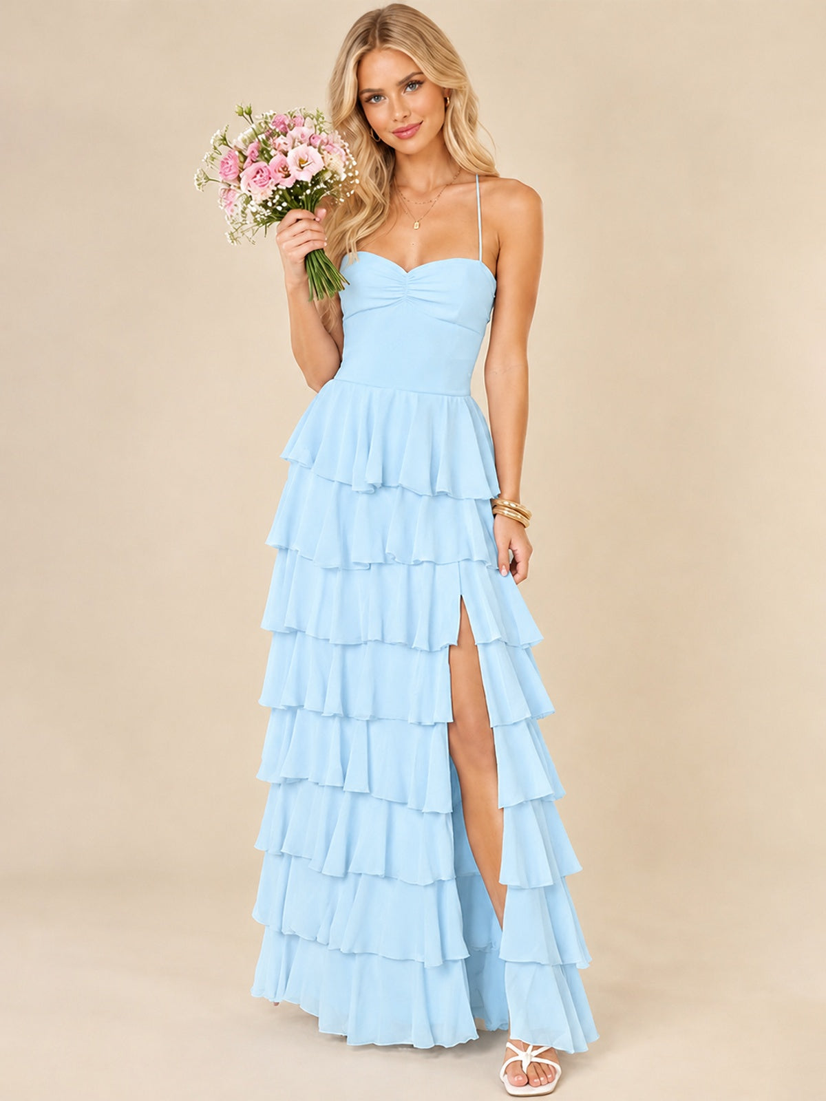 Ruffled Tiered Chiffon Prom Dress Spaghetti Straps Formal Maxi Dress with Slit