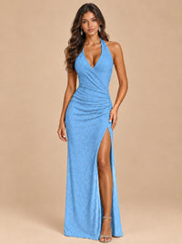 Halter V-Neck Sequin Mermaid Prom Dress with High Slit