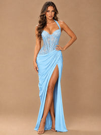 Sweetheart Halter Prom Dress Pleated Lace Floral Formal Dress with Slit